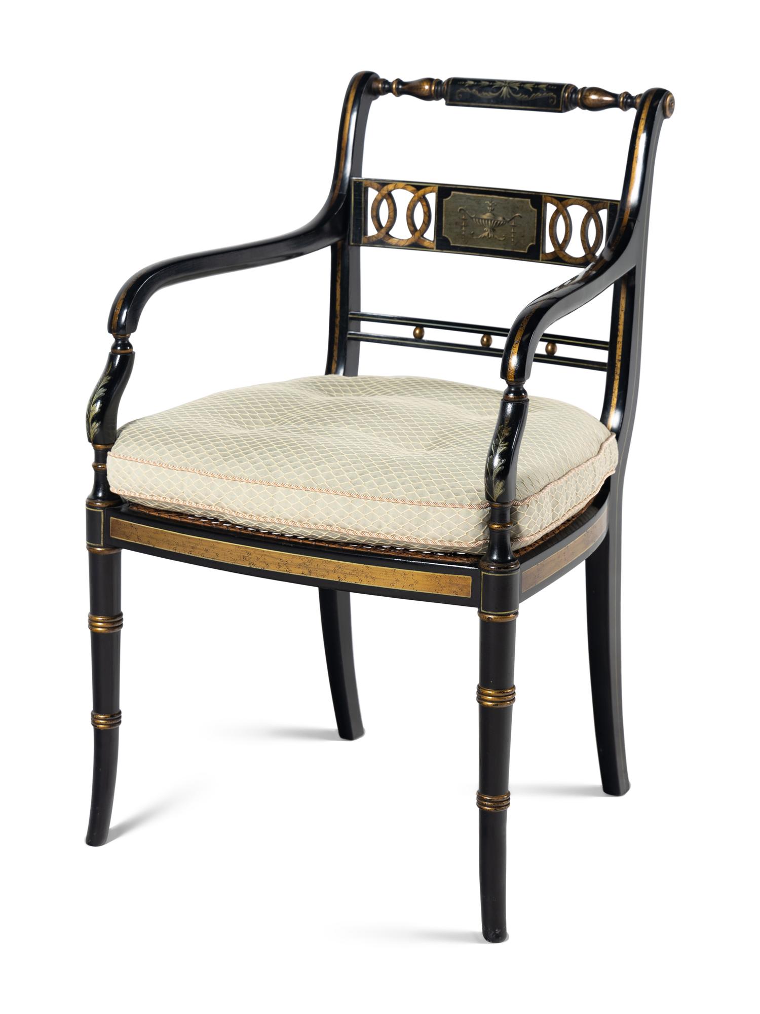 A Set of Four Regency Style Painted and Parcel Gilt Armchairs