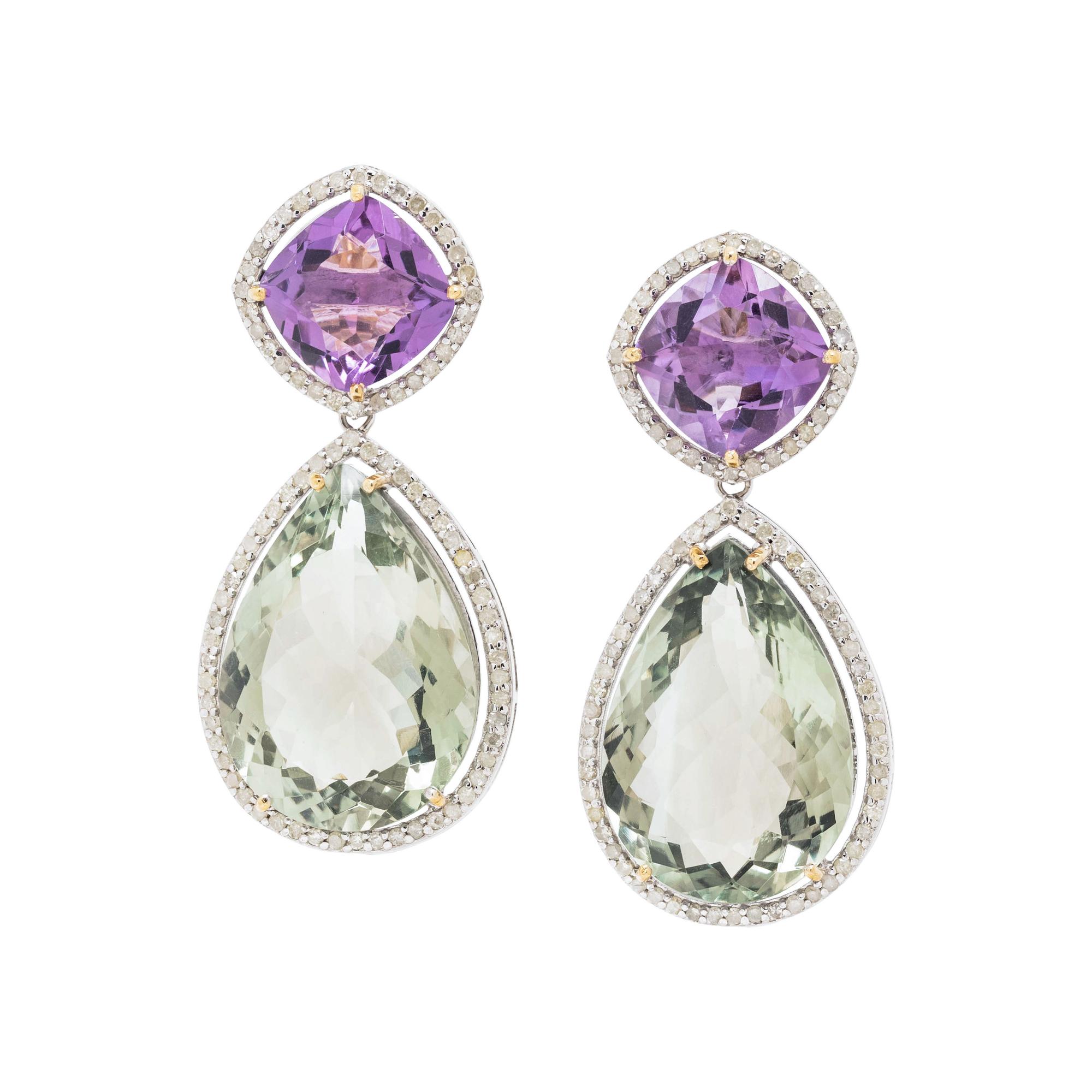 AMETHYST, PRASIOLITE AND DIAMOND EARRINGS