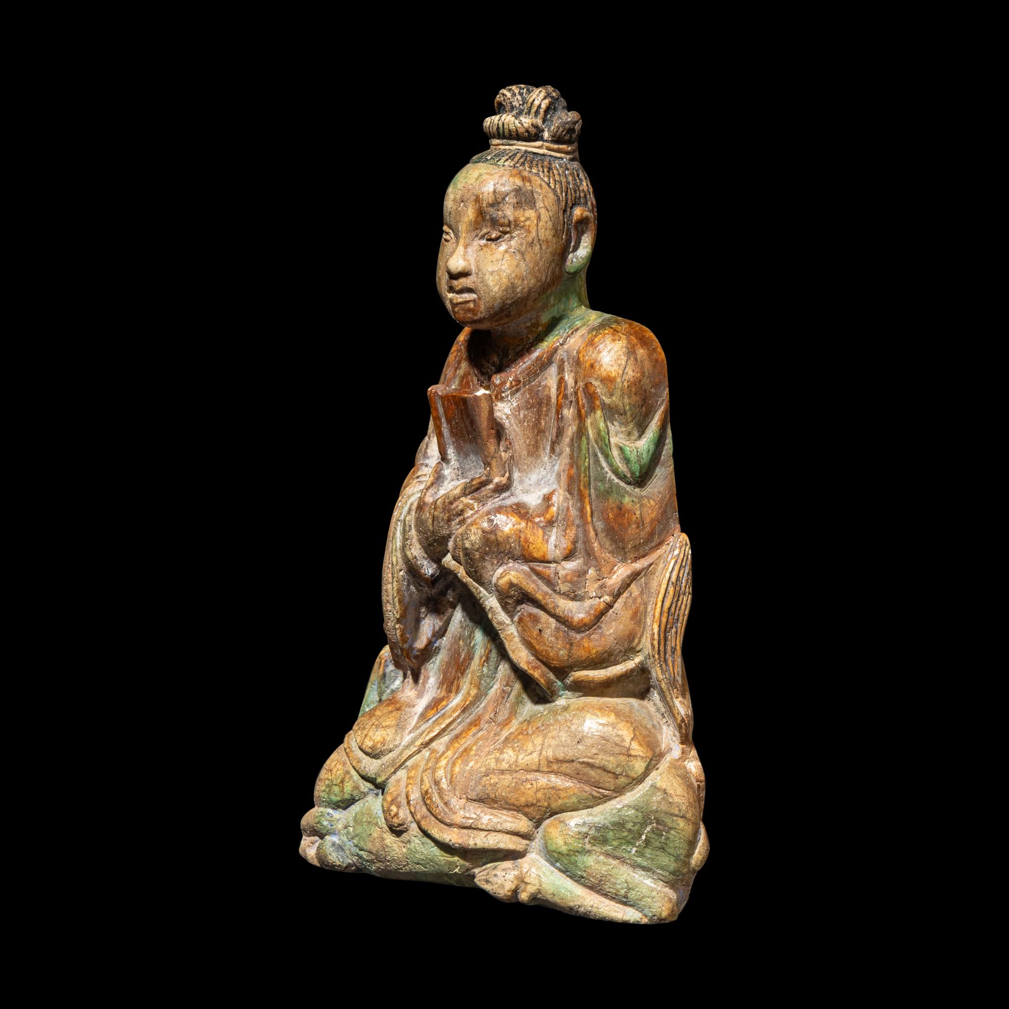 An Unusual Painted Bone Figure of a Daoist Immortal, Song/Ming Dynasty 宋/明 骨雕彩繪道君像