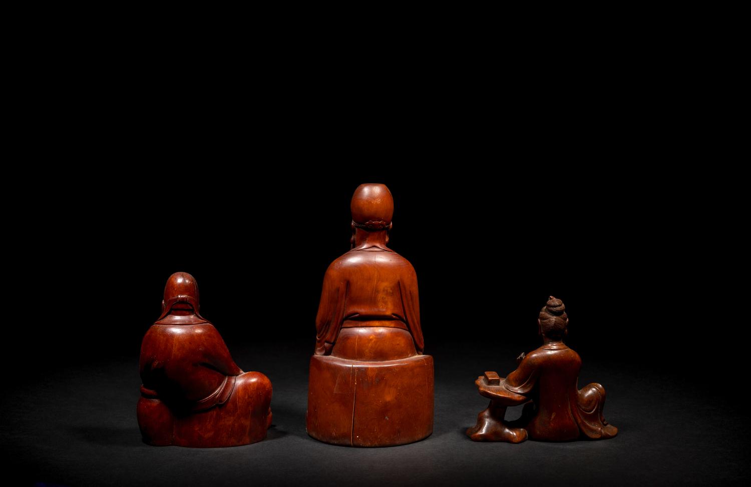 Three Chinese Carved Wood Figures
