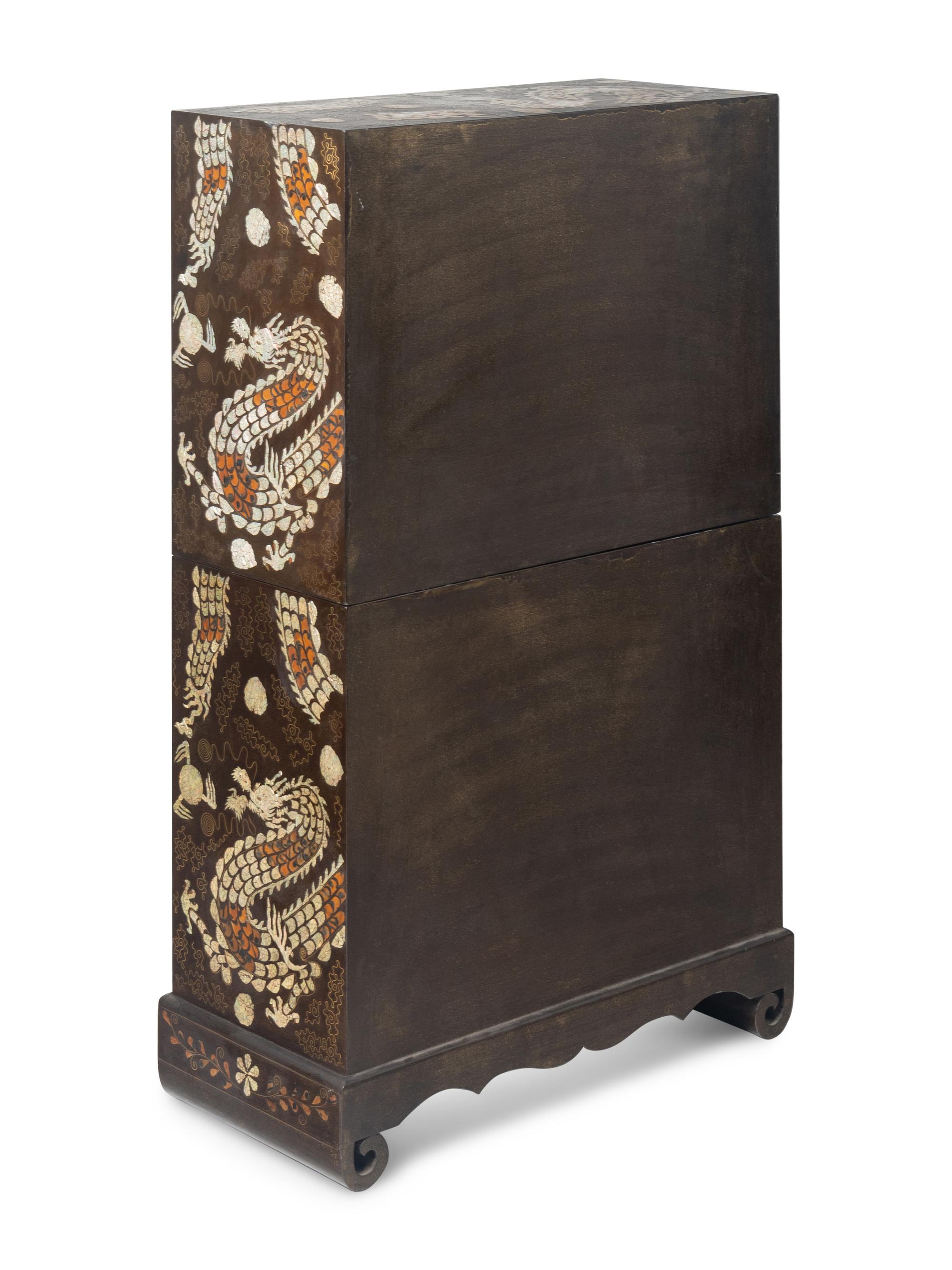 A Fine Pair of Korean Two-Tiered Mother-of-Pearl, Shagreen, and Wire Inlaid Cabinets