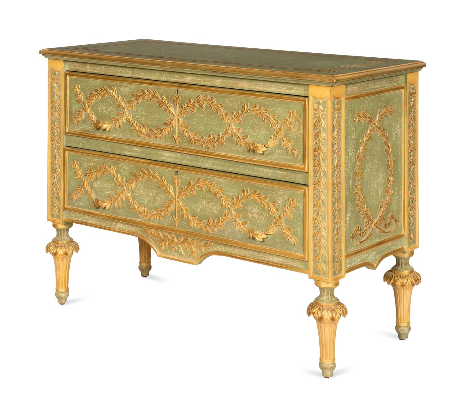 A Pair of Italian Neoclassical Style Green-Painted and Parcel Gilt Commodes