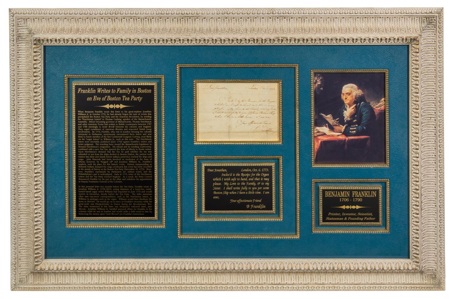 FRANKLIN, Benjamin (1706-1790). Autograph letter signed ("B. Franklin"), to his great-nephew Jonathan Williams, Jr. London, 6 October 1