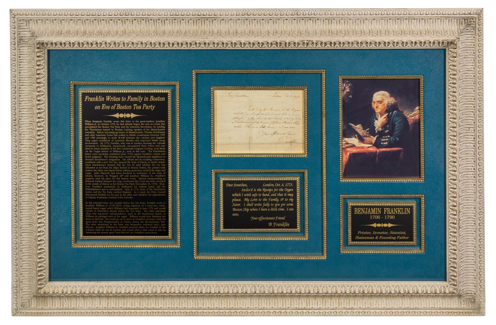FRANKLIN, Benjamin (1706-1790). Autograph letter signed ("B. Franklin"), to his great-nephew Jonathan Williams, Jr. London, 6 October 1