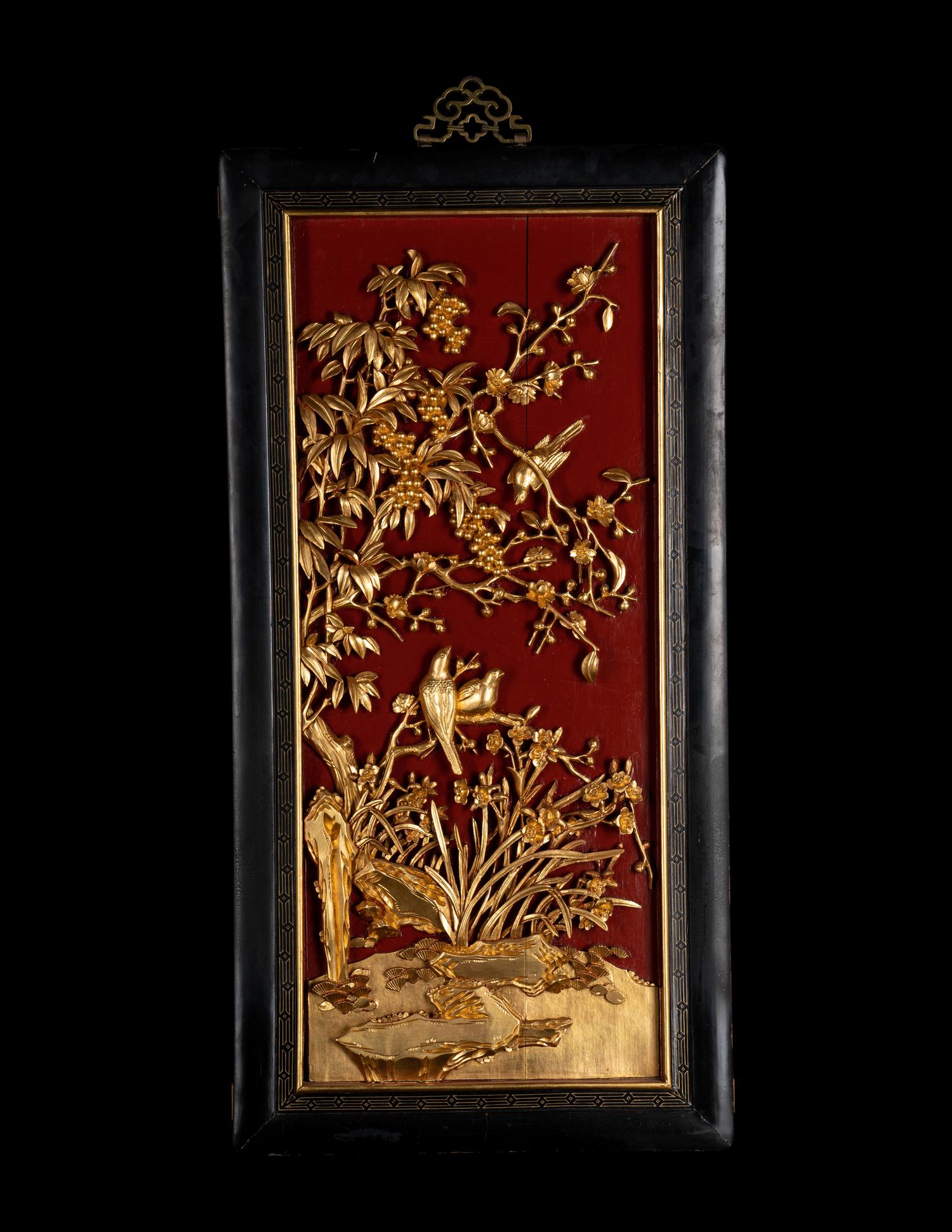 A Pair of Chinese Gilt and Red Lacquered Wood Wall Panels