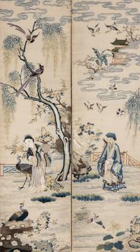 A Chinese Canton Style Embroidered 'Immortals' Five Paneled Screen, 19th Century 清晚期 粵綉祝壽圖五扇屏