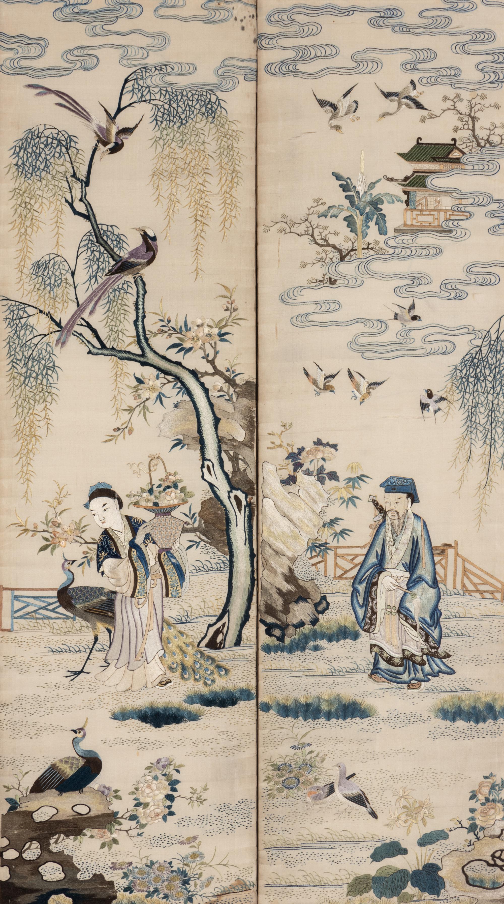 A Chinese Canton Style Embroidered 'Immortals' Five Paneled Screen, 19th Century 清晚期 粵綉祝壽圖五扇屏