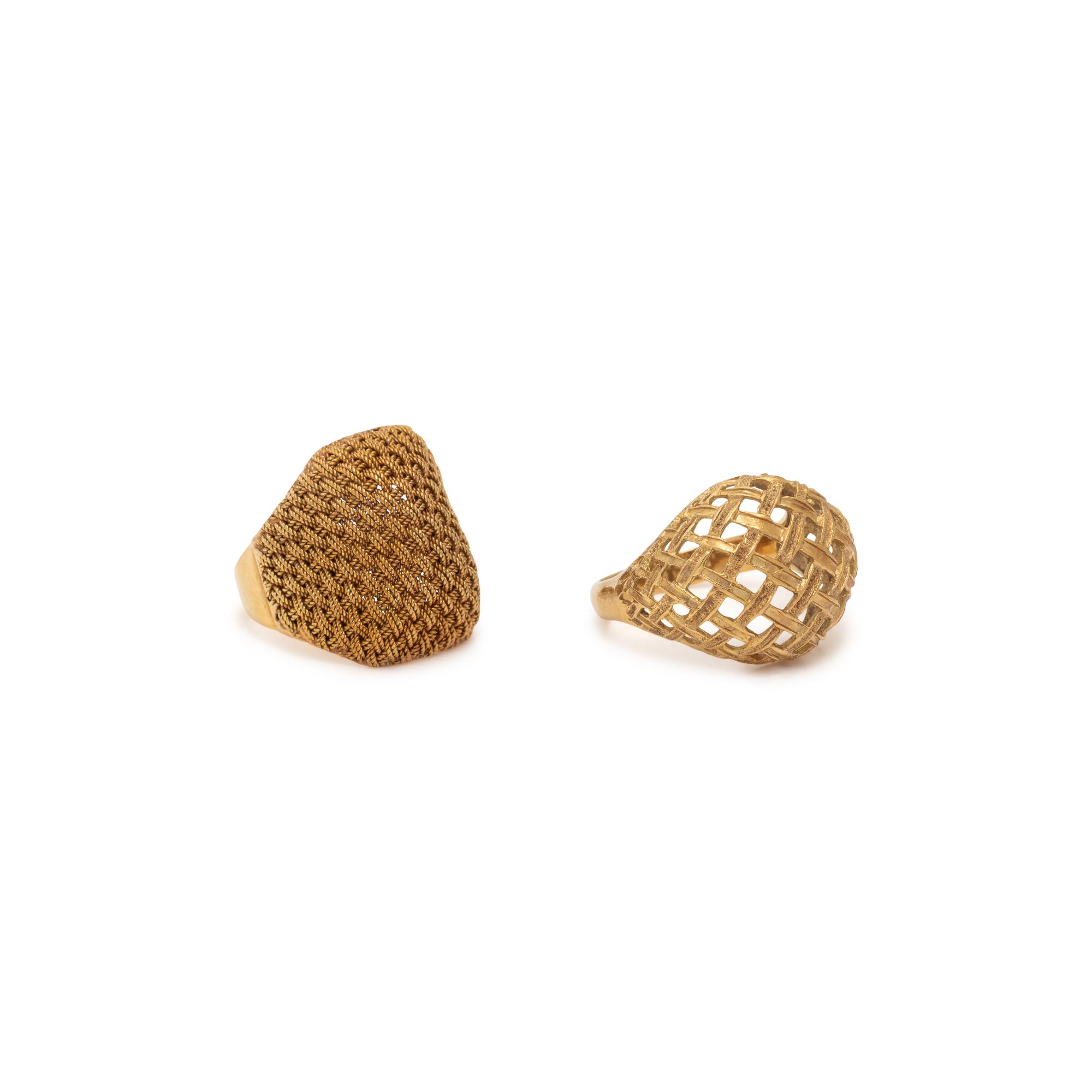 TWO YELLOW GOLD BASKETWEAVE RINGS