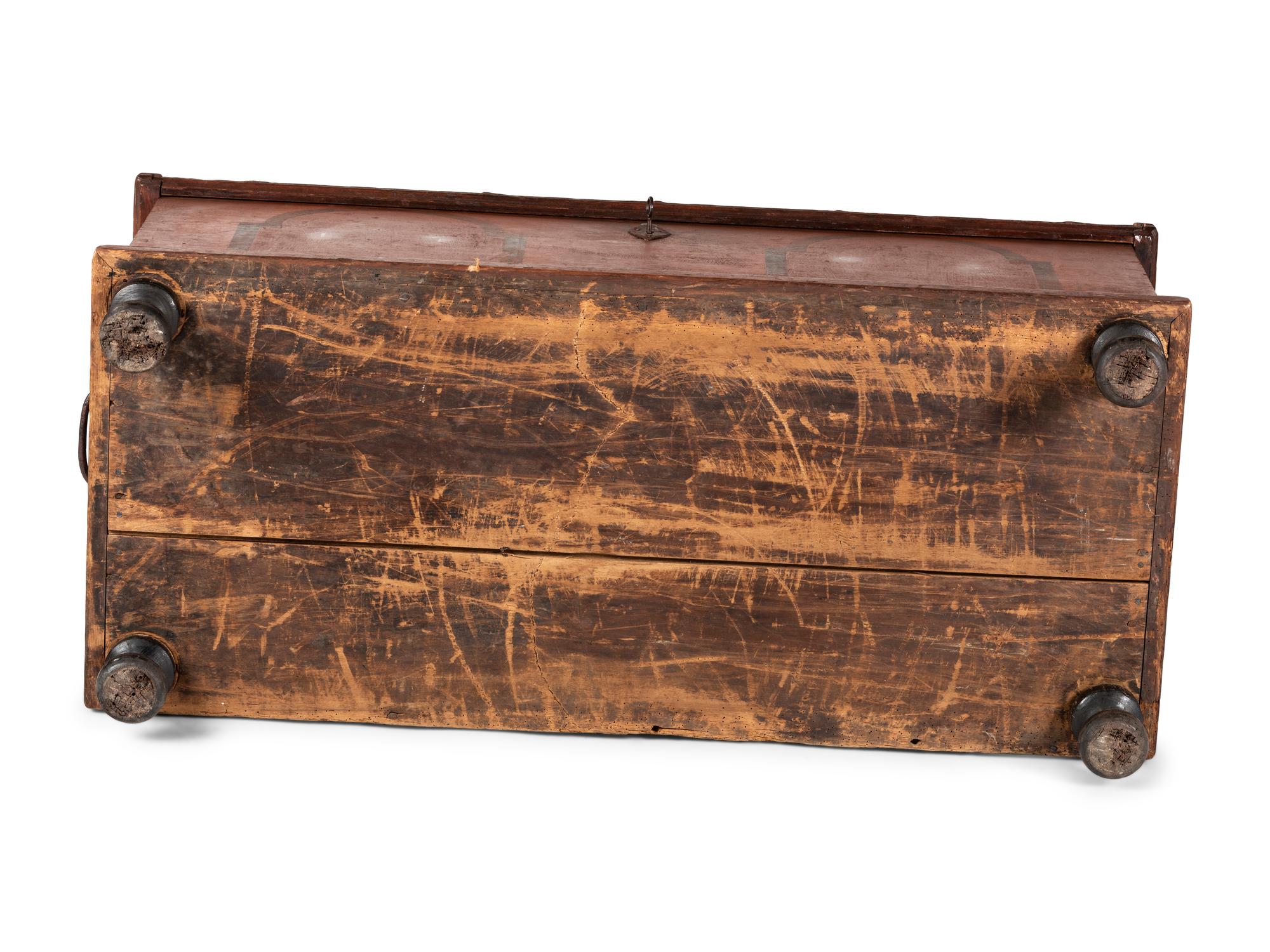 A Chippendale Red and Black Paint Decorated Wrought-Iron Mounted Poplar Blanket Chest