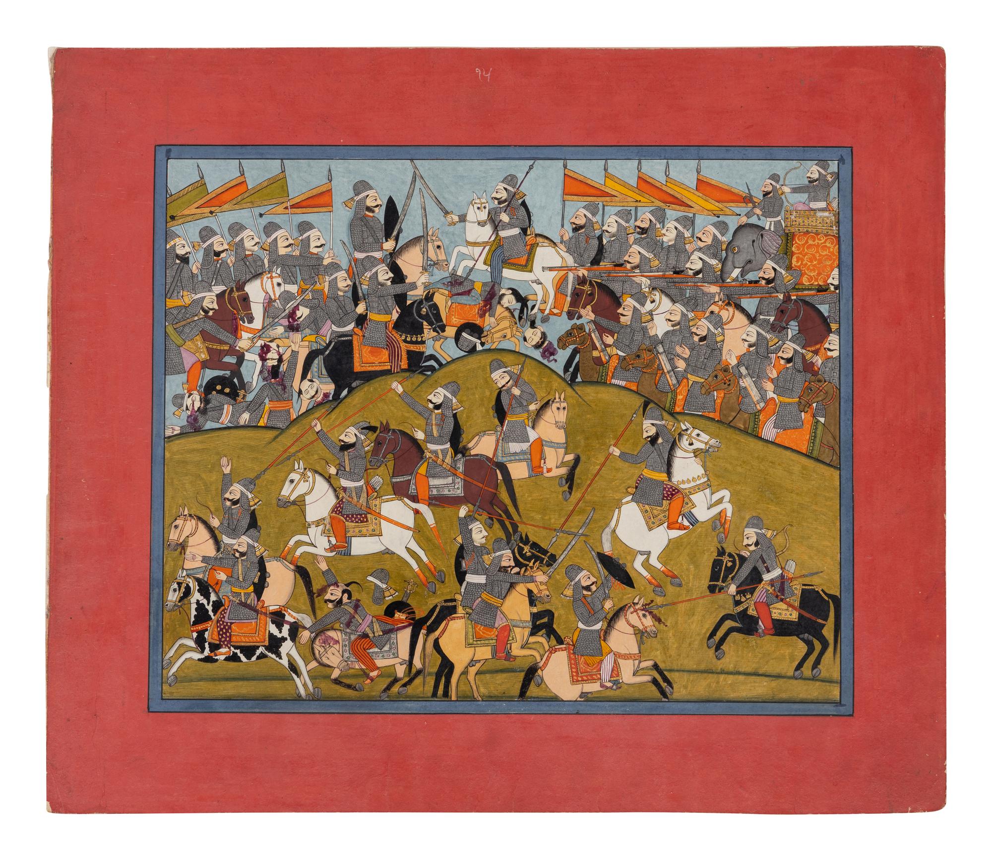 An Indian Painting of a Battle Scene, Punjab Hills, Kangra, Circa 1820 約1820年 印度旁遮普山丘岡格拉派細密畫《交戰圖》