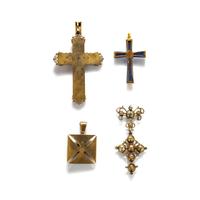 COLLECTION OF YELLOW GOLD AND GEMSTONE CROSS PENDANTS