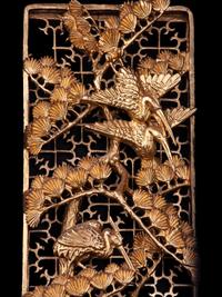 Two Chinese Gilt and Red Lacquered Wood Panels