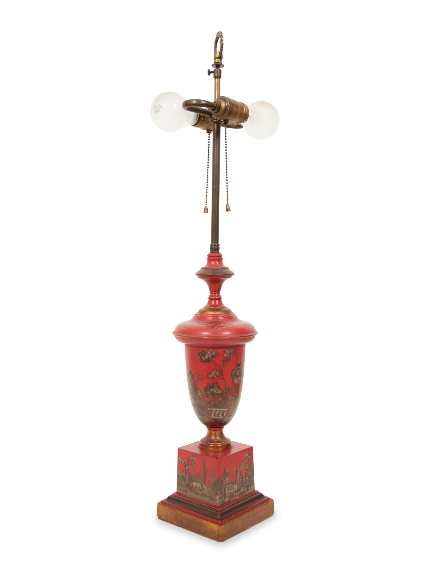 A Regency Style Red Tole Table Lamp with Silver/Gilt Decoration