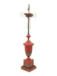 A Regency Style Red Tole Table Lamp with Silver/Gilt Decoration
