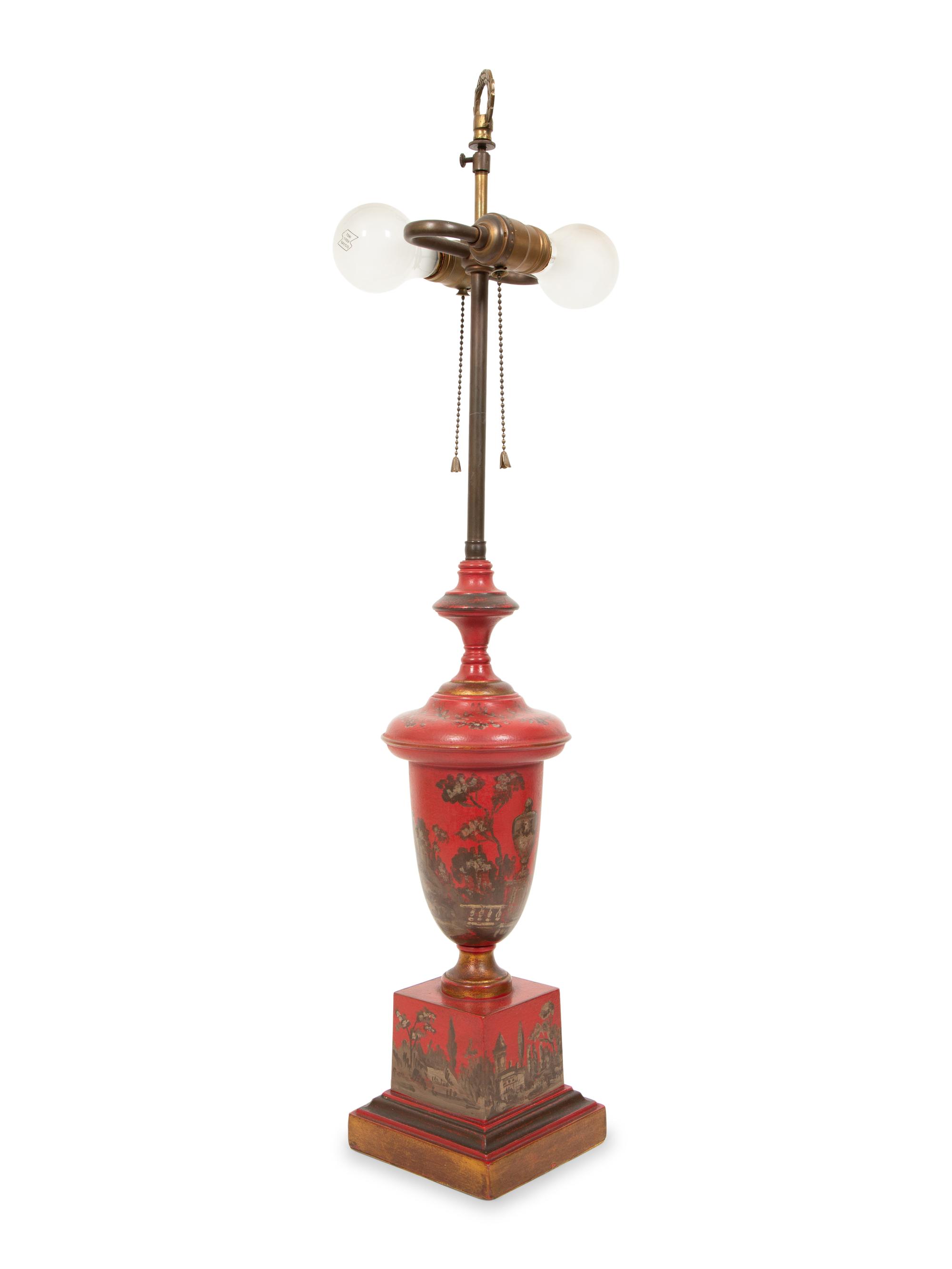 A Regency Style Red Tole Table Lamp with Silver/Gilt Decoration