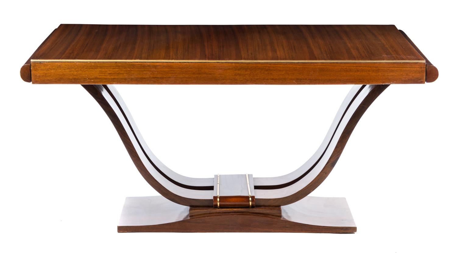 A French Art Deco Brass Mounted Rosewood Dining Table Height 29 x width 62 x depth 37 inches.