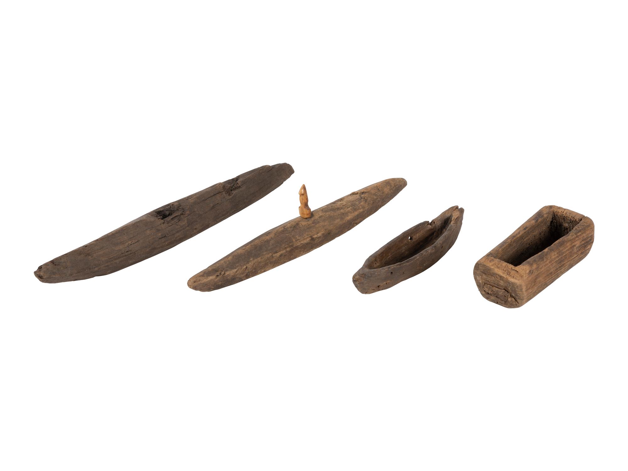 Alaskan Eskimo Carved Wood Toy Kayaks and Snuff Box