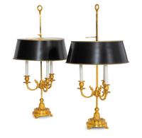 A Pair of Gilt Metal Candelabra Lamps with Black Tole Shades