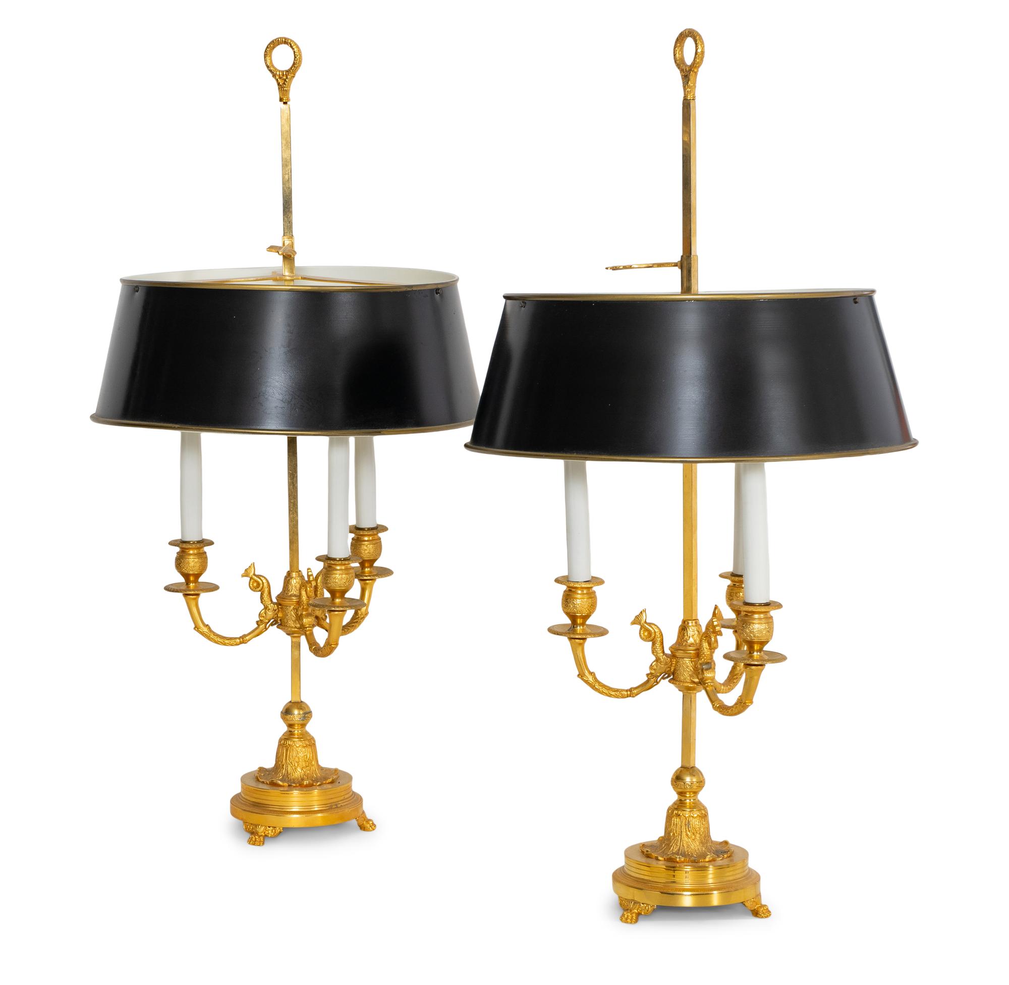 A Pair of Gilt Metal Candelabra Lamps with Black Tole Shades