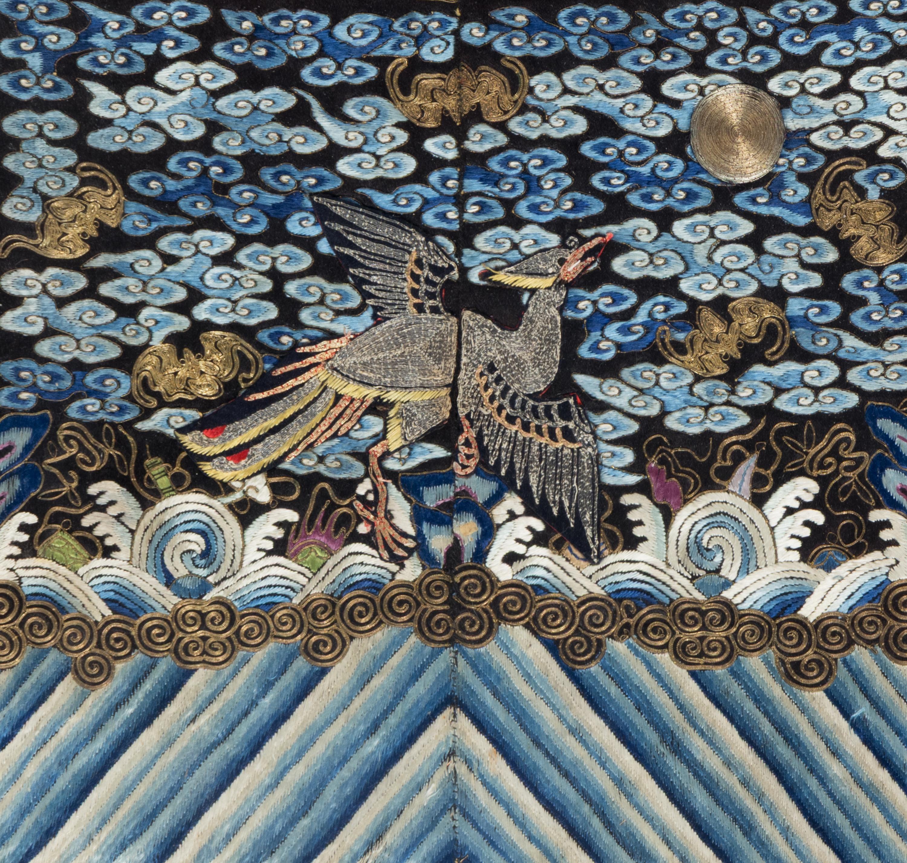 A Chinese Embroidered Silk 'Paradise Flycatcher' Rank Badge, 19th Century — 清晚期 刺綉綬帶鳥補子