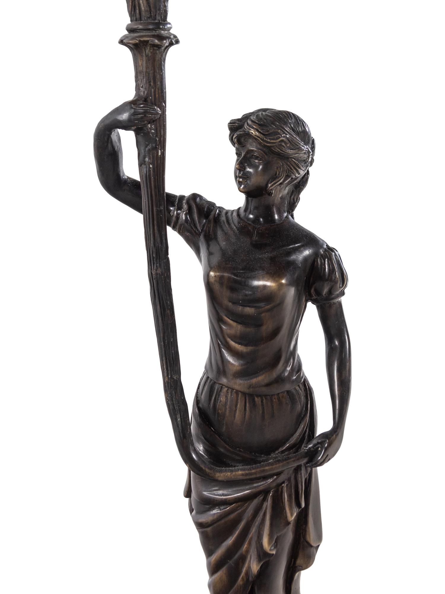 A Pair of Empire Style Silvered Metal Figural Five-Light Candelabra