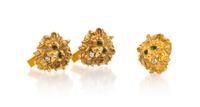 A 14 Karat Yellow Gold, Diamond and Emerald Lion's Head Dress Set, 21.00 dwts.