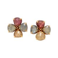 YELLOW GOLD AND MULTICOLOR SAPPHIRE FLOWER CLIP EARRINGS