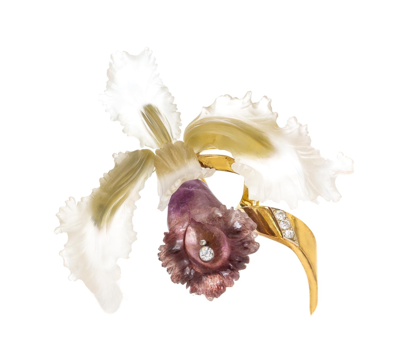 A 14 Karat Yellow Gold, Rutilated Quartz, Diamond and Rock Crystal Orchid Brooch, Austrian, 56.00 dwts.