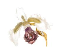 A 14 Karat Yellow Gold, Rutilated Quartz, Diamond and Rock Crystal Orchid Brooch, Austrian, 56.00 dwts.