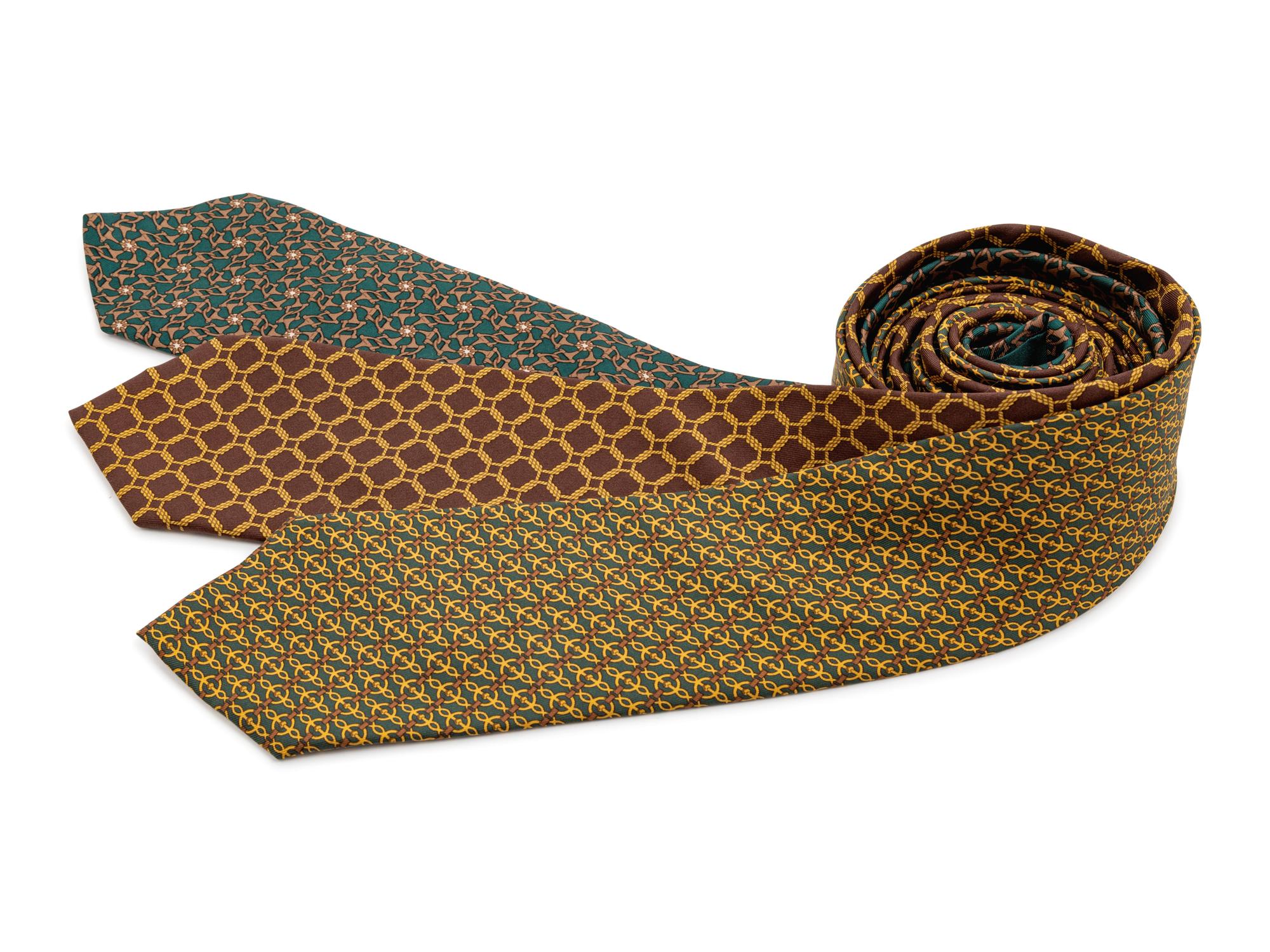 Three Hermes ties, two green, one brown