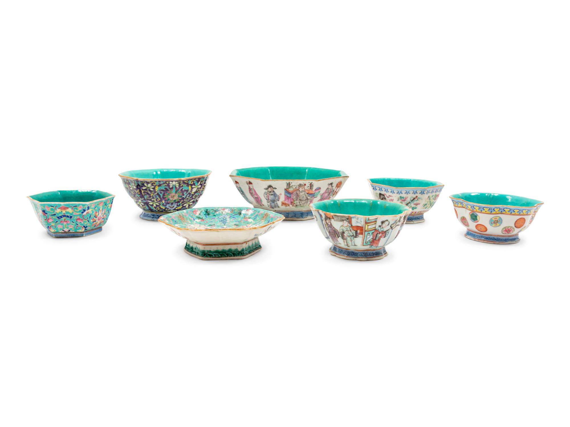 Seven Chinese Famille Rose Turquoise Ground Flori-Form Stem Bowl
