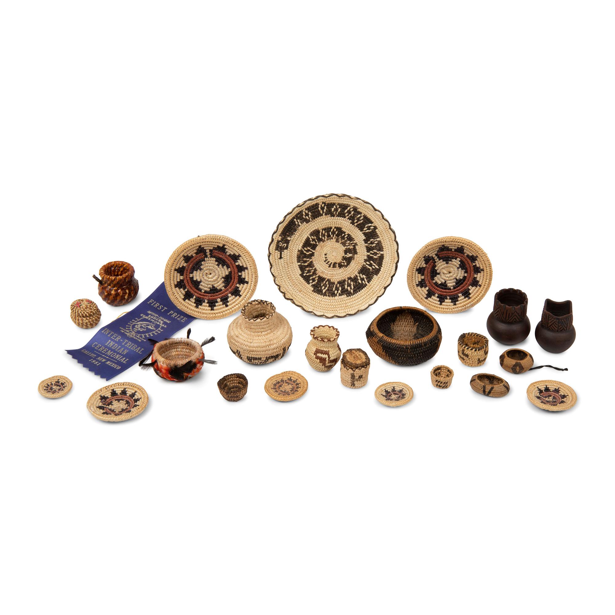A Collection of Pomo, Tohono-O'odham, and Navajo Miniature Baskets