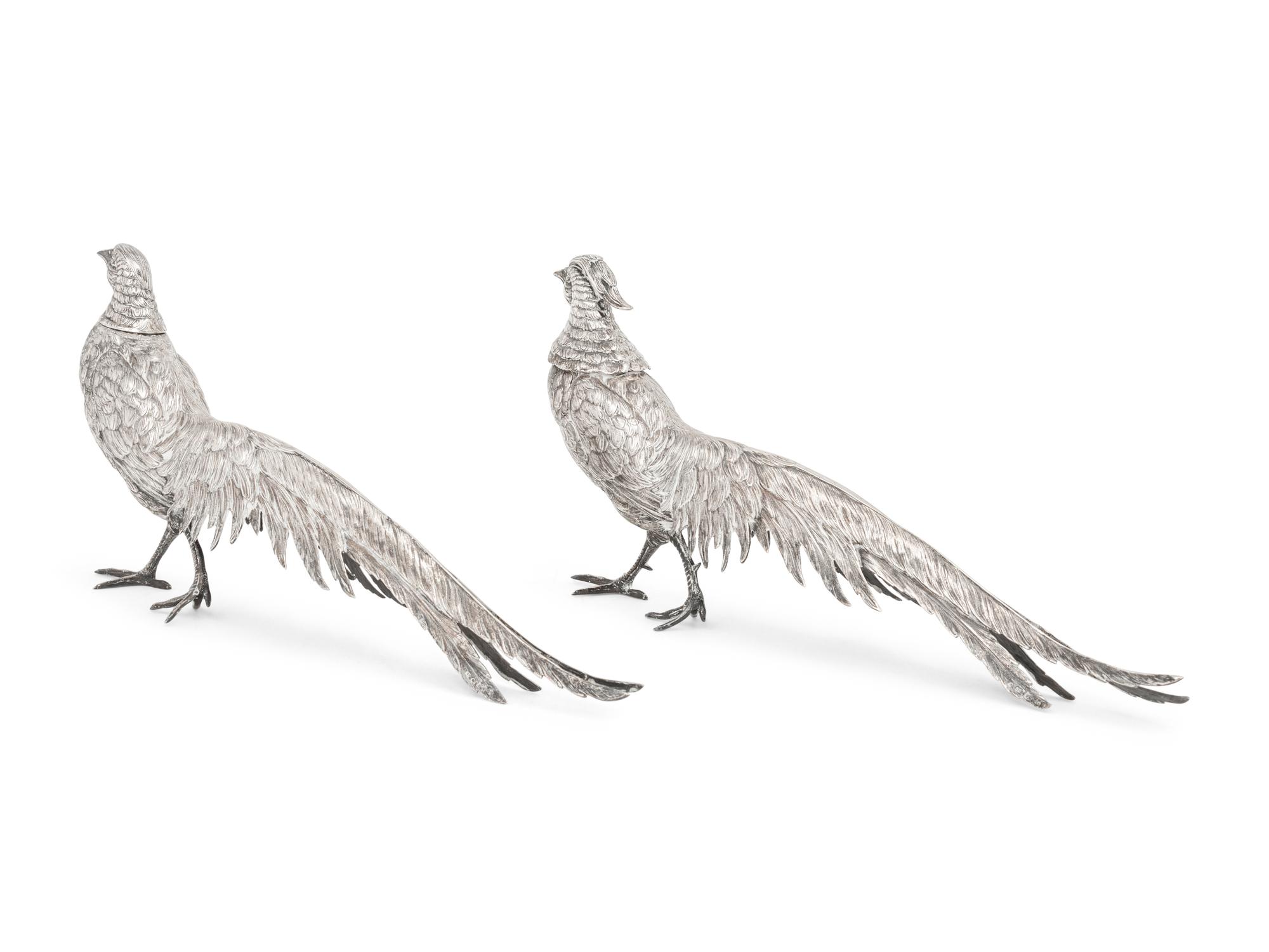 A Pair of German Silver Pheasant Table Ornaments