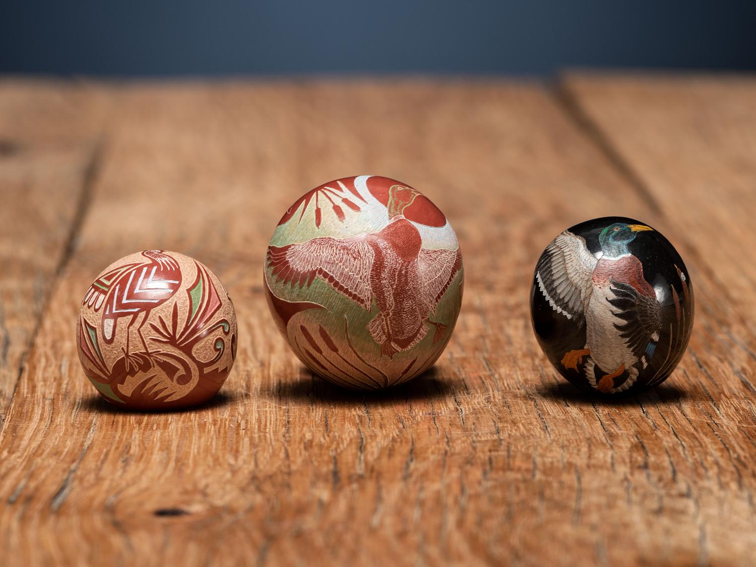 Miniature Sgraffito Seed Jars, with Mallards and Quail