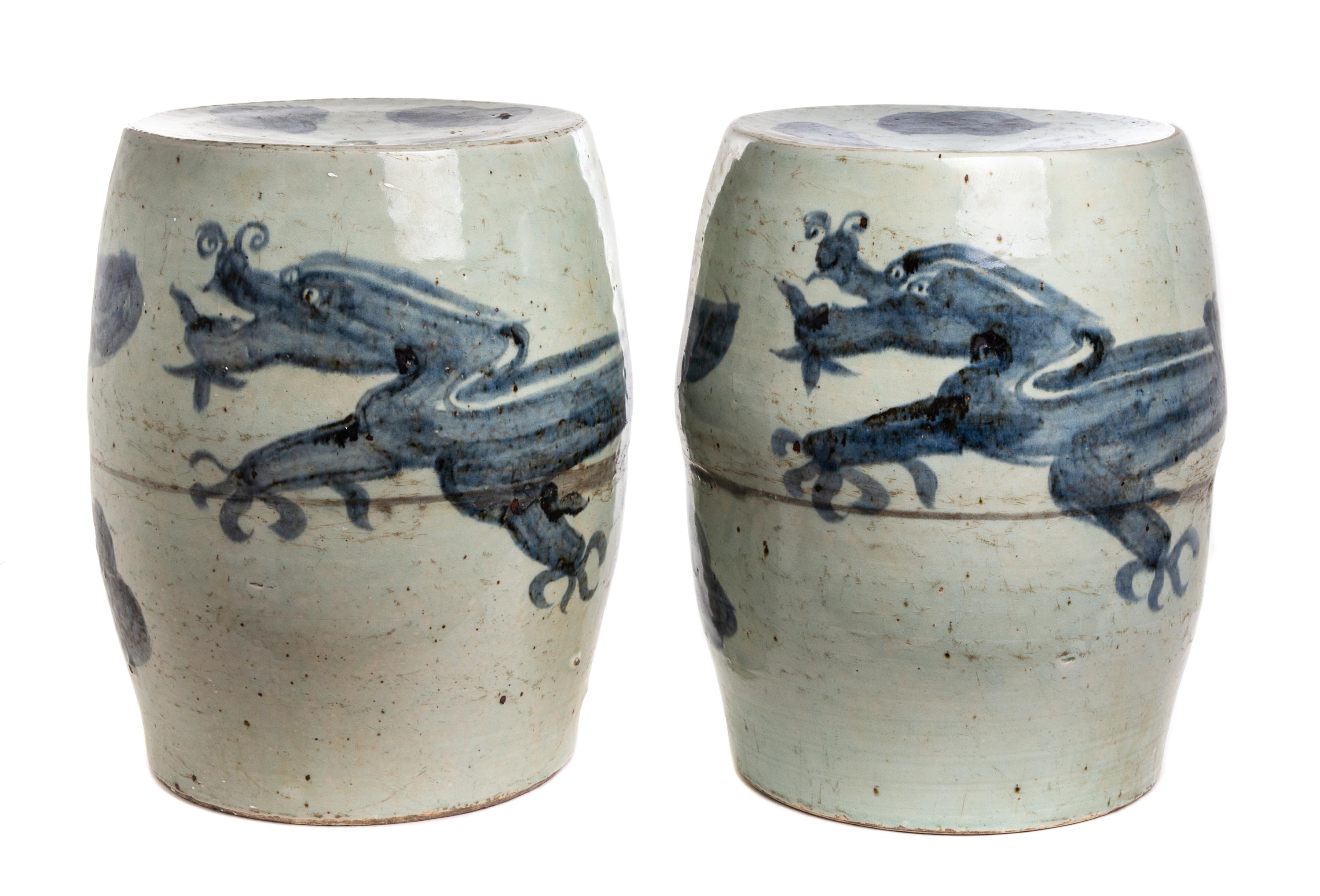 A Pair of Chinese Blue and White Ceramic Garden Seats Height 16 inches. — 19TH CENTURY