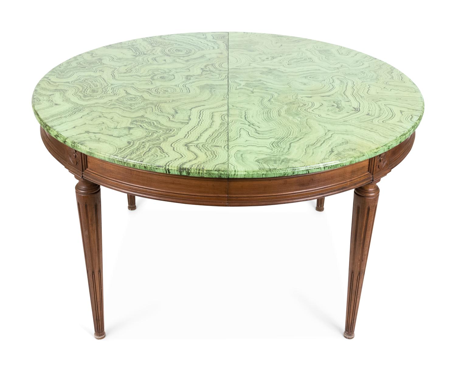 A Painted Faux-Malachite Top and Mahogany Dining Room Table — 20TH CENTURY