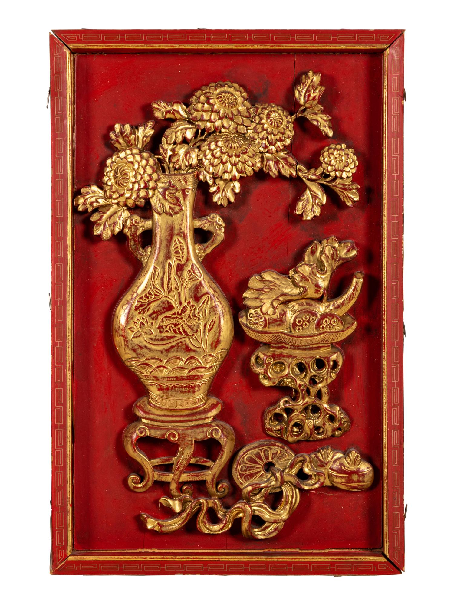 A Set of Four Chinese Gilt and Red Lacquered Wood 'Four Seasons' Panels