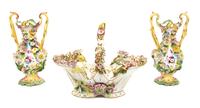 Four Pieces of Continental Floral Encrusted Porcelain Height of tallest 9 inches. — 19TH CENTURY
