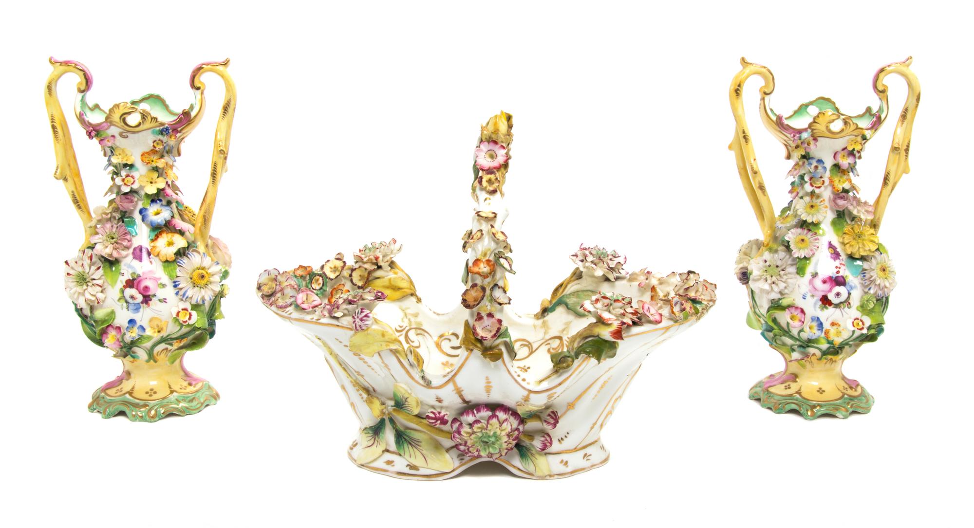 Four Pieces of Continental Floral Encrusted Porcelain Height of tallest 9 inches. — 19TH CENTURY