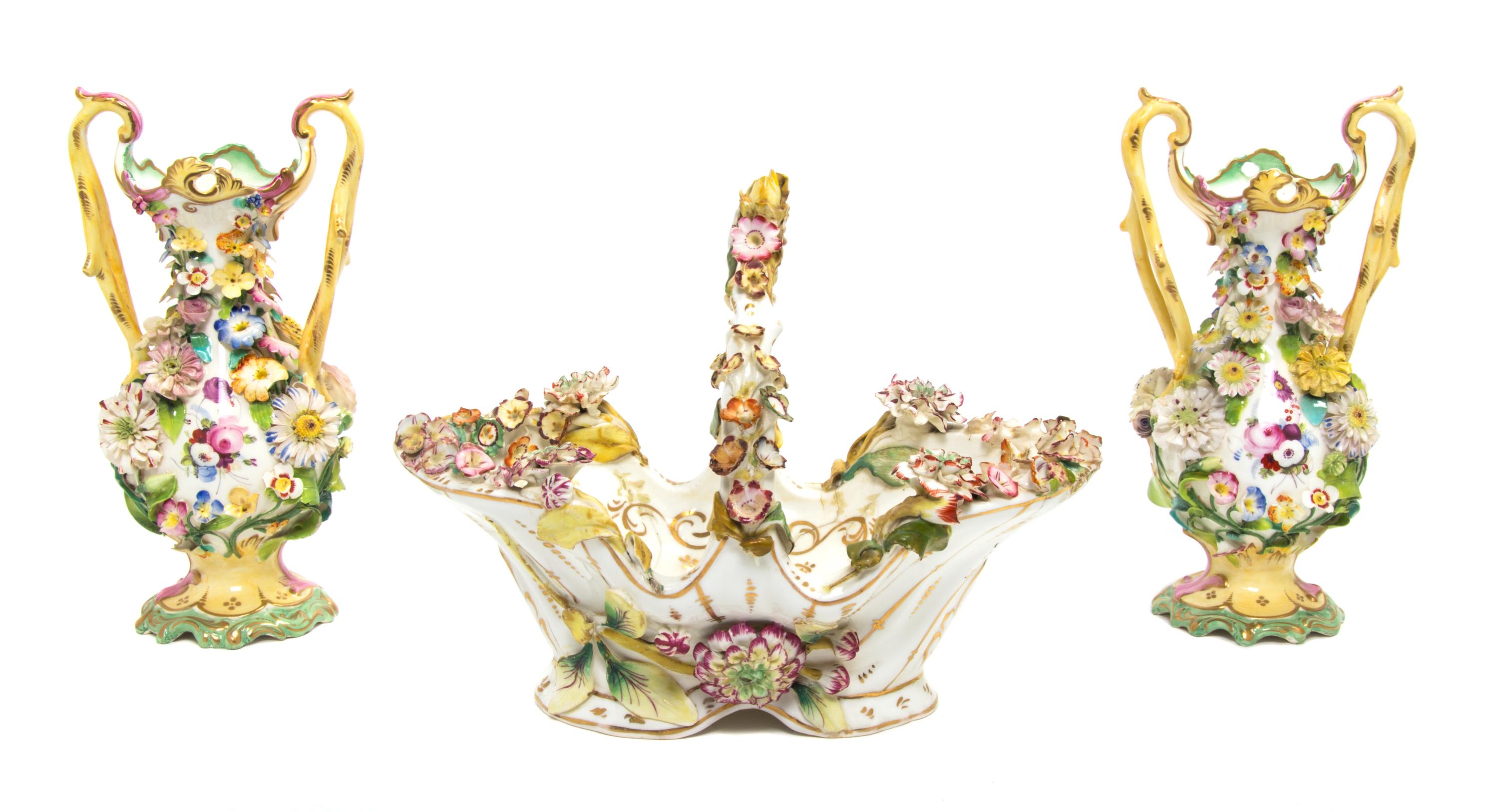 Four Pieces of Continental Floral Encrusted Porcelain Height of tallest 9 inches. — 19TH CENTURY