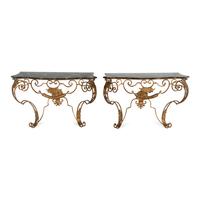 A Pair of Gilt Iron and Faux Marble-Top Console Tables