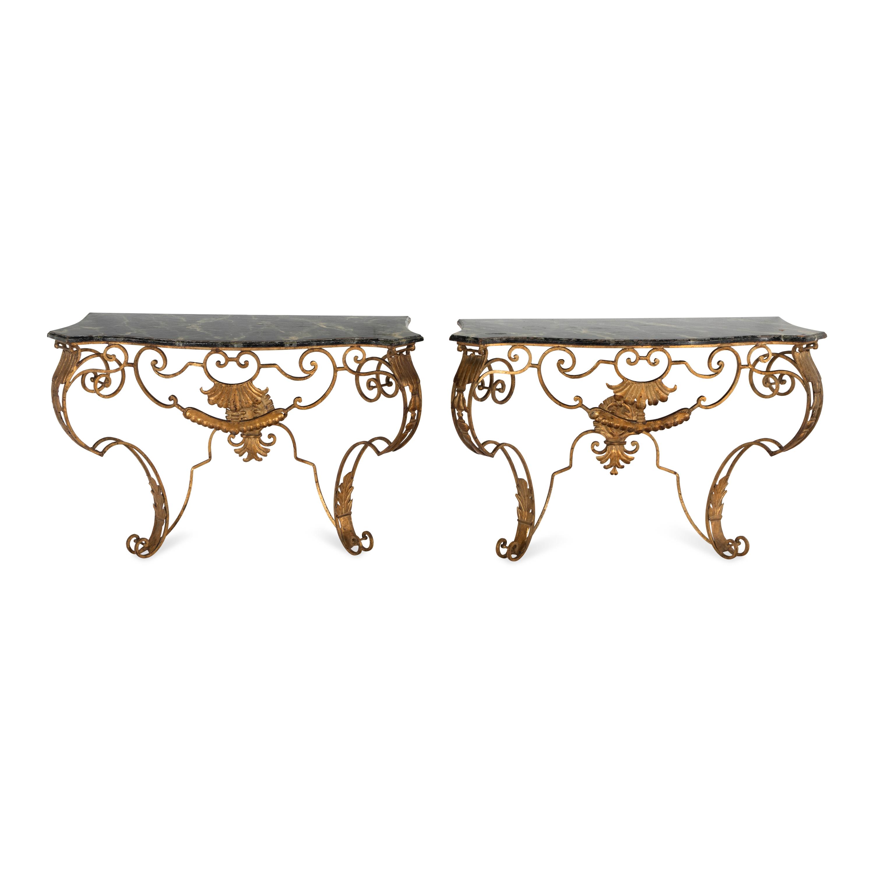 A Pair of Gilt Iron and Faux Marble-Top Console Tables