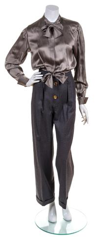 A Chanel Grey Wool Pleated Pant Ensemble, Pant size 36, blouse size 38.