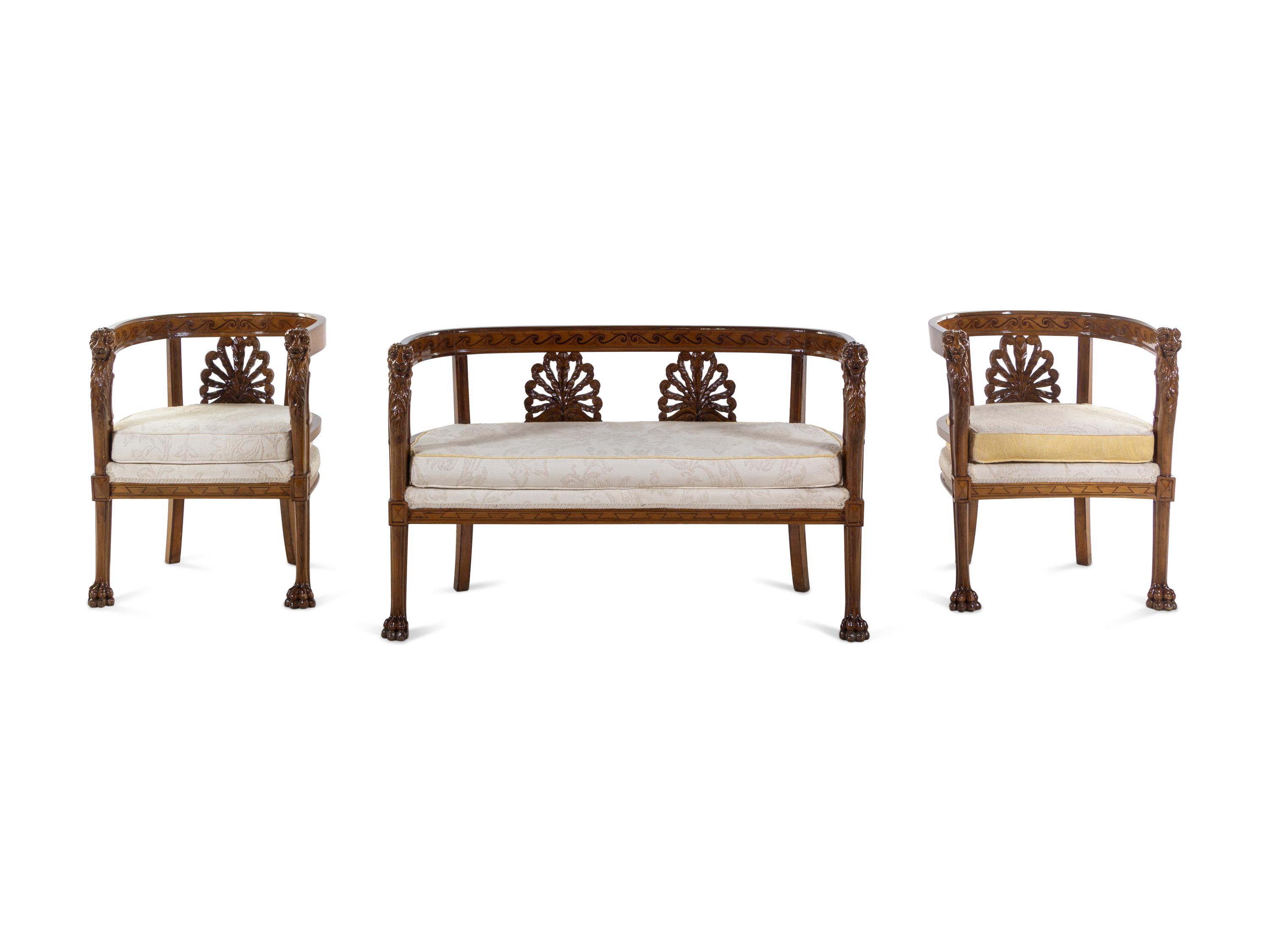 An Italian Neoclassical Style Carved Walnut and Parquetry Three-Piece Salon Suite