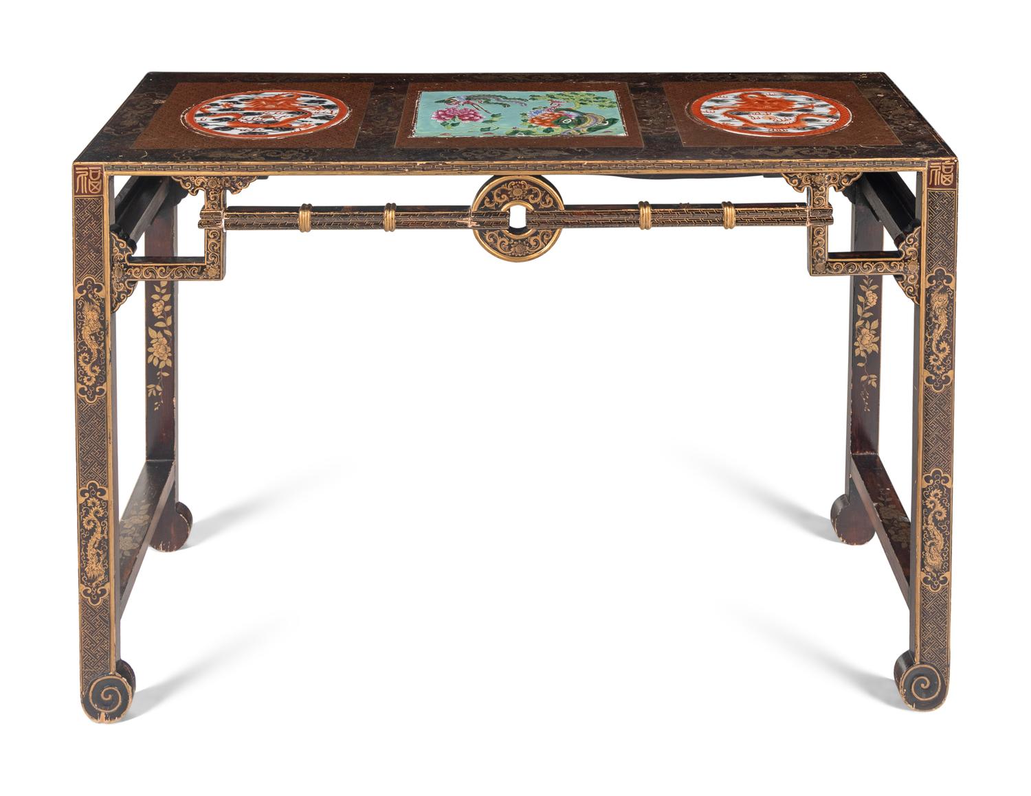 A Chinese Porcelain Inset Gilt Highlighted Black and Brown Lacquered Wood Side Table, Tiaozhuo
