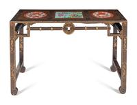 A Chinese Porcelain Inset Gilt Highlighted Black and Brown Lacquered Wood Side Table, Tiaozhuo