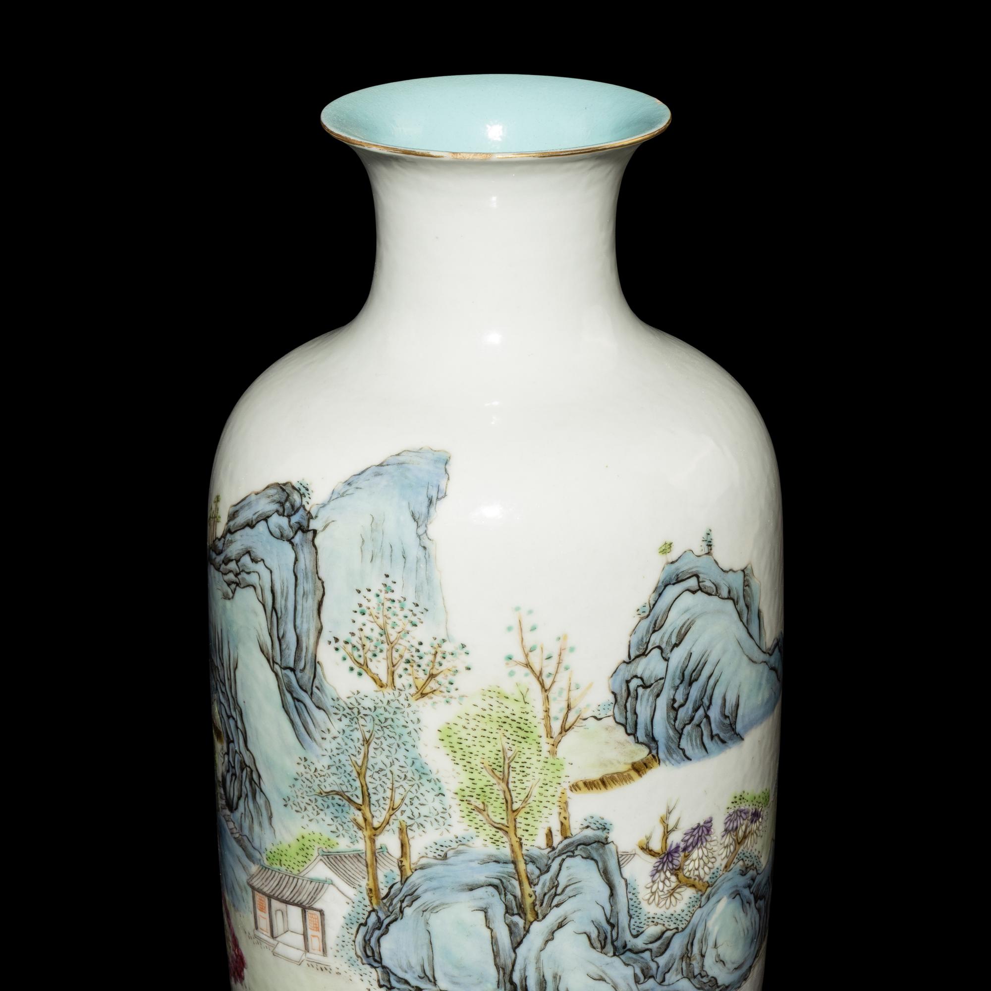A Pair of Chinese Famille Rose Porcelain 'Landscape' Lantern Vases, Late Qing/Republican Period — 晚清/民國 粉彩山水圖燈籠瓶一對