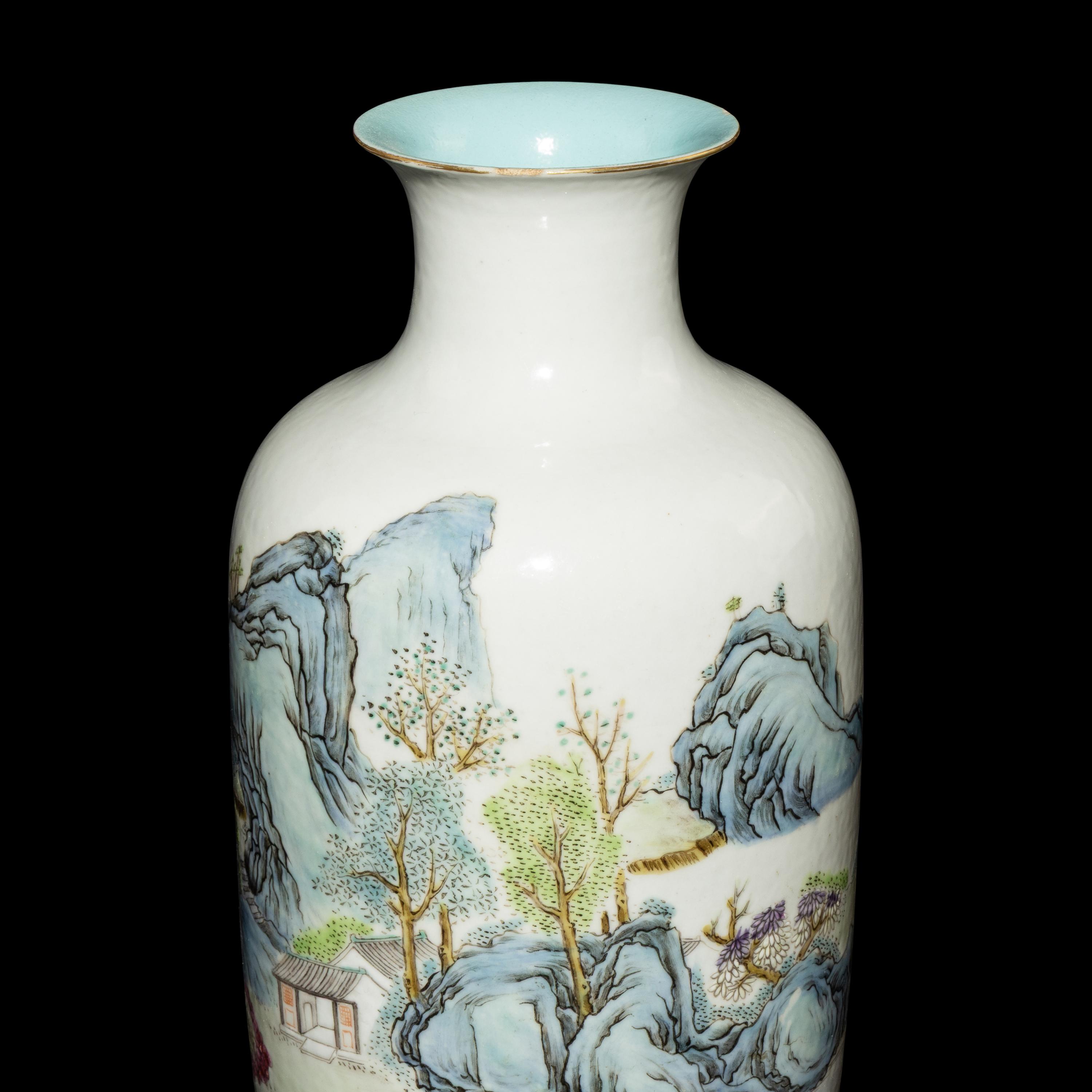 A Pair of Chinese Famille Rose Porcelain 'Landscape' Lantern Vases, Late Qing/Republican Period — 晚清/民國 粉彩山水圖燈籠瓶一對
