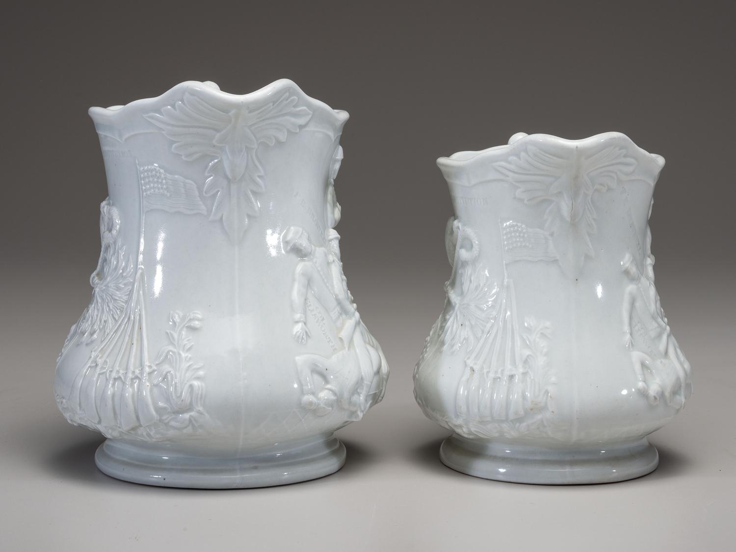 Two Millington, Astbury and Poulson White Glazed Molded Porcelain 'Colonel Elmer Ellsworth' Commemorative Pitchers