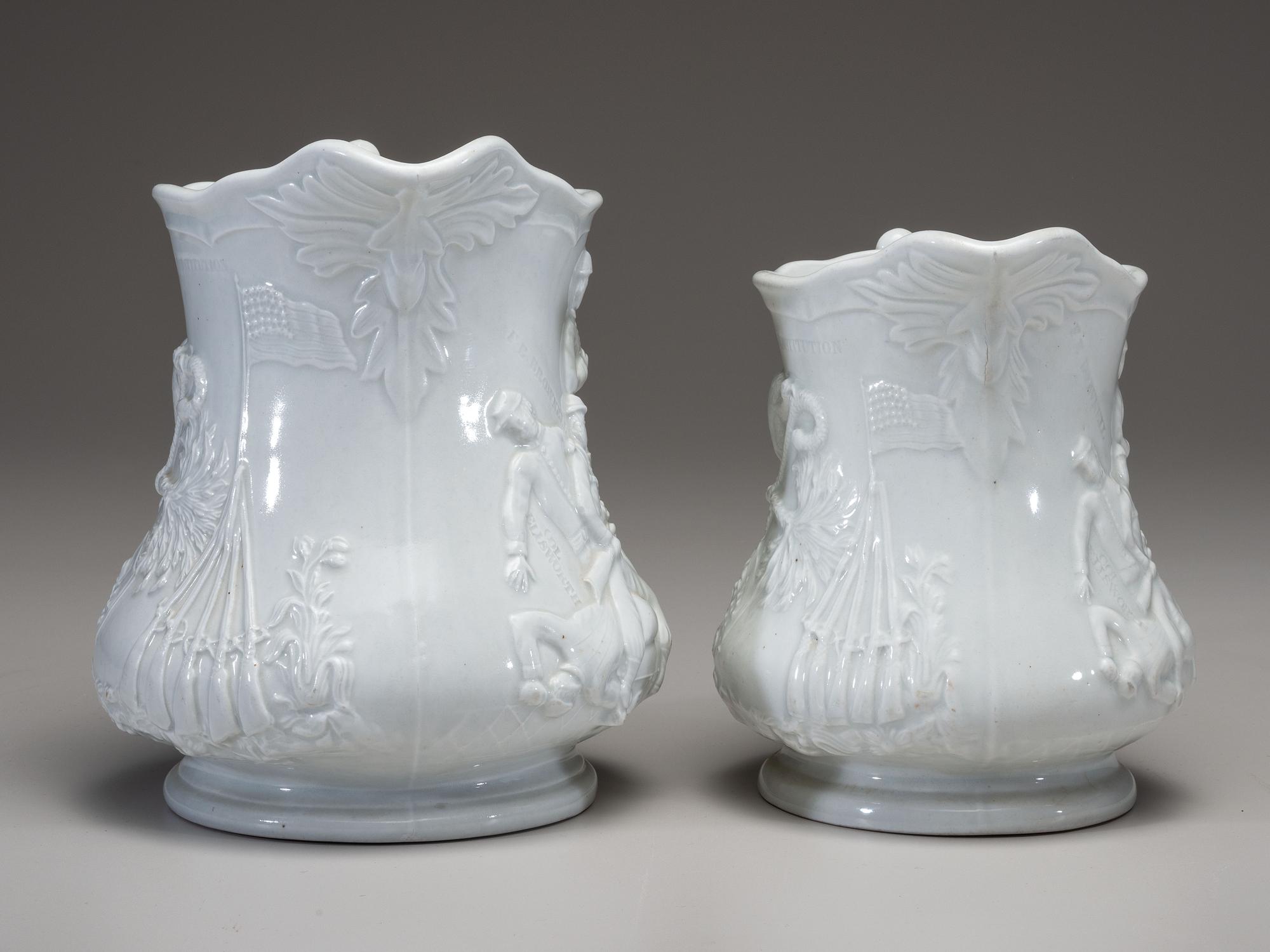 Two Millington, Astbury and Poulson White Glazed Molded Porcelain 'Colonel Elmer Ellsworth' Commemorative Pitchers